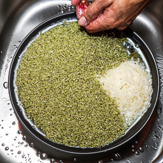 Take the rice, urad dal, and those tiny fenugreek seeds,  wash for dosa recipe